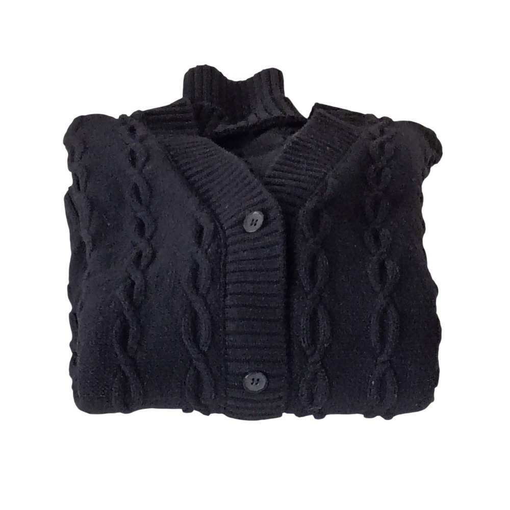 VISTA-Wool Blnd Black Cable Knit Btn Front V Neck Cardigan Sweater Alice Turtle - Picture 4 of 10